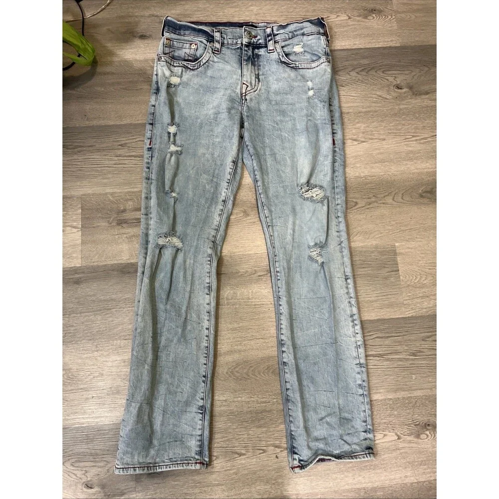 True Religion Mens Ricky Relaxed Straight Light Blue Wash Jeans Size 34 x 33